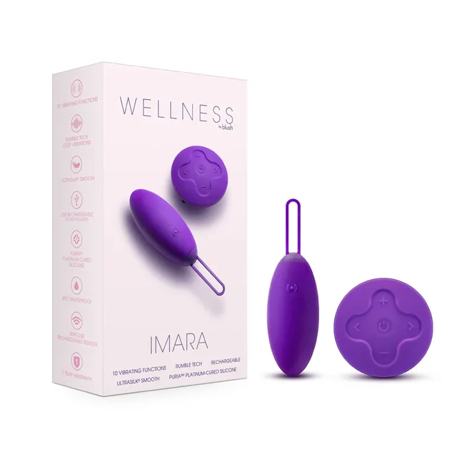 purple Wellness Imara vibrating egg with round remote and white box
