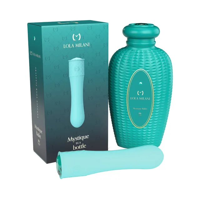 emerald Lola Milani Mystique Bullet vibrator with turquoise bottle and box