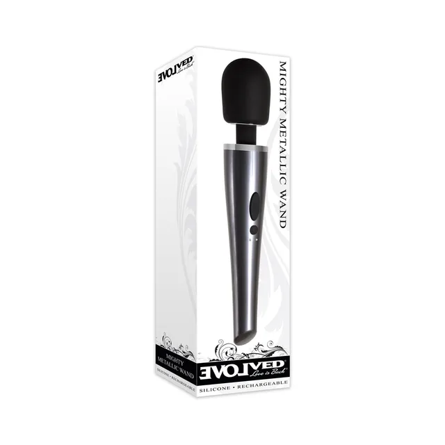 Evolved Mighty Metallic chrome-and-black wand white retail box with chrome handle and black oval head visible