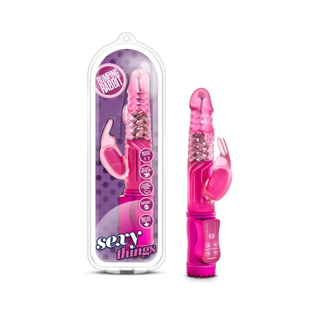 Blush Sexy Things Romping Rabbit Fuchsia Vibrator beside clear retail package
