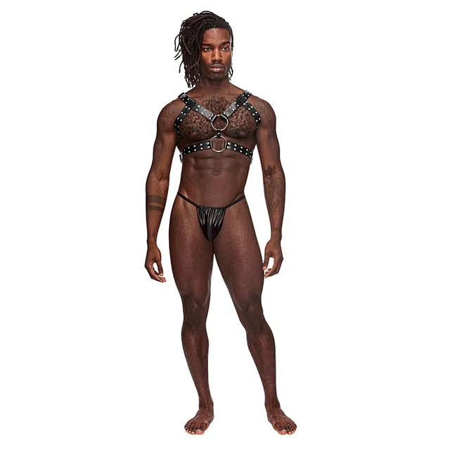 Model wearing black Male Power Gemini body harness with silver rings