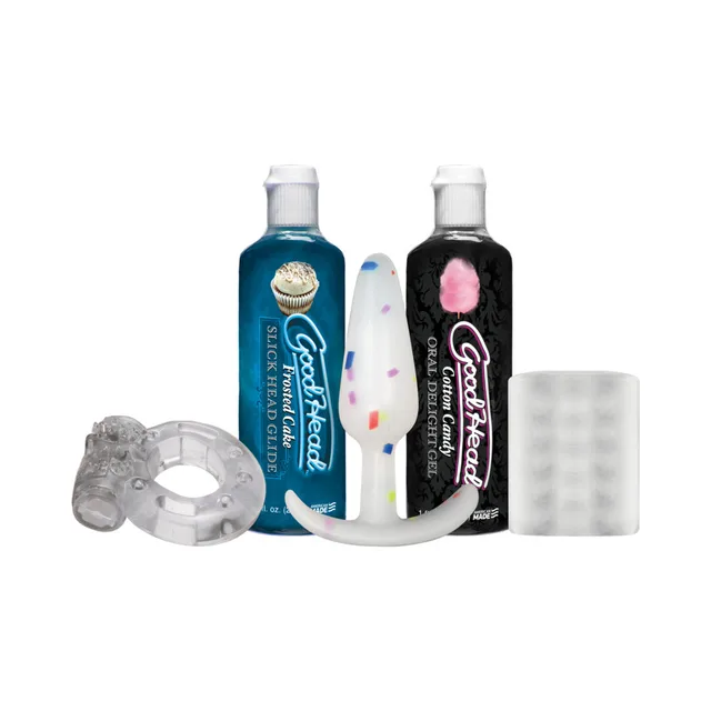 Five GoodHead Party Pack pieces arranged outside the carton