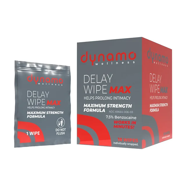 Dynamo Wellness 7.5% benzocaine wipes 18-pack outer carton and single packet