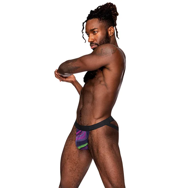 Male model wearing multicolor Ultimate Duo strappy jock size S/M