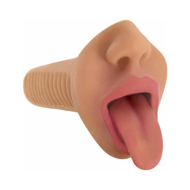Front view of Selene mouth-shaped stroker and pink tongue