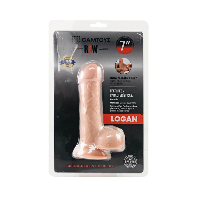 Camtoyz Logan beige 7-inch dildo front of clear blister packaging