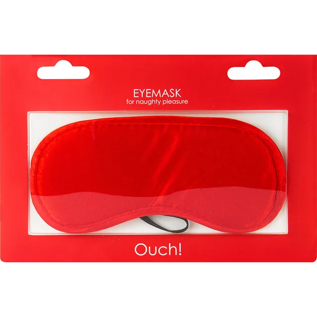 Red Ouch eye mask blindfold with black elastic strap in retail card