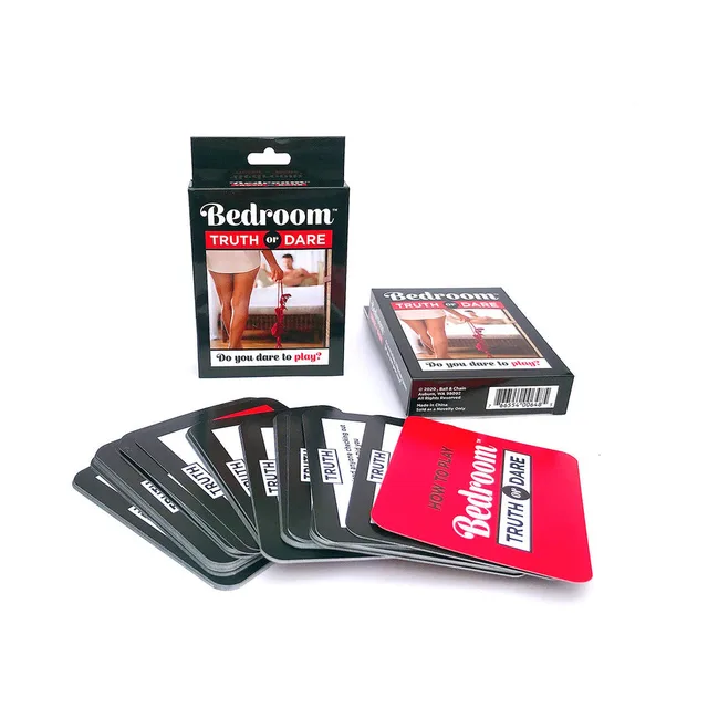 Bedroom Truth or Dare box with fanned black red and white playing cards