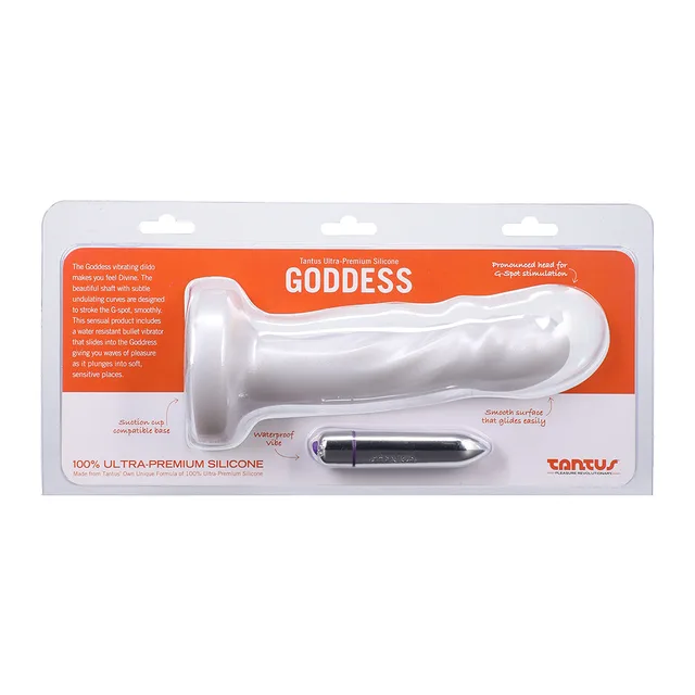 Front package of white Tantus Goddess Pearl vibrating dildo
