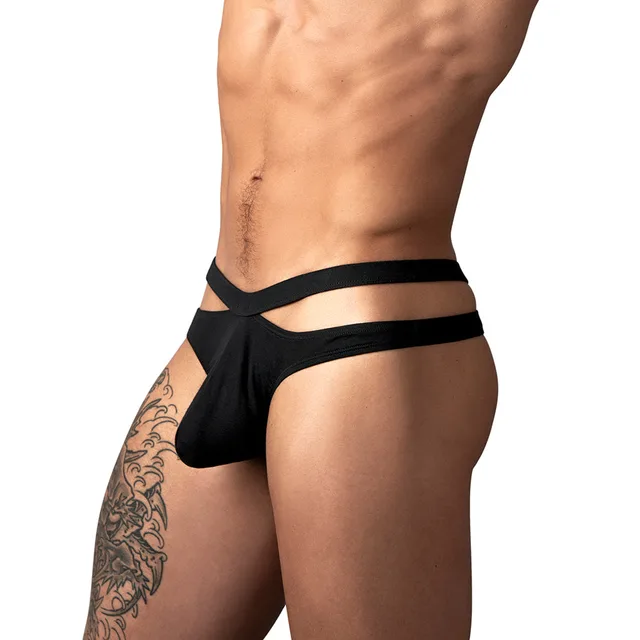 Male Power Eco Cozy Cutout Thong in black size L/XL worn from the front to show the crossed double waistband