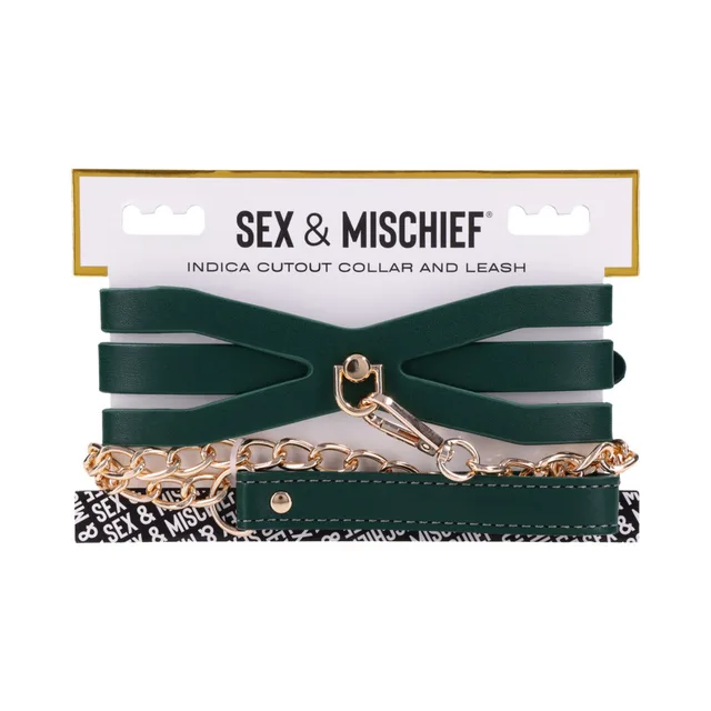 Green Sportsheets Indica cutout collar with gold chain leash and handle