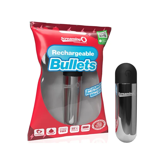 silver-black Screaming O rechargeable bullet vibrator beside red retail pouch