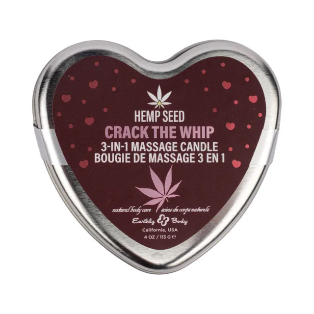 closed heart-shaped Crack The Whip hemp seed candle tin with red label