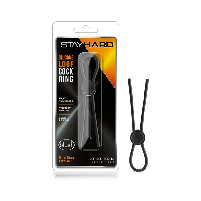 Black Stay Hard adjustable lasso ring beside its clear hanging package