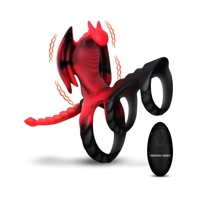 Creature Cocks Dragon Flight red-and-black vibrating ring with oval black remote