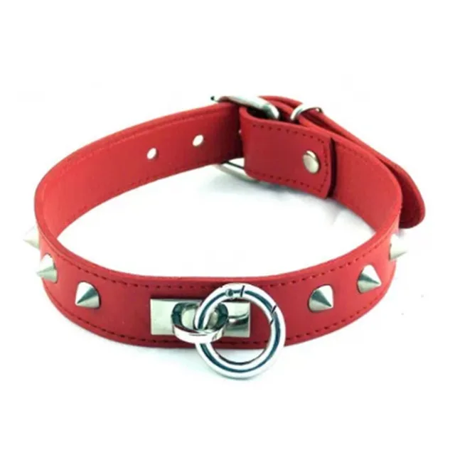 Red Rouge leather collar with silver studs, O-ring and buckle