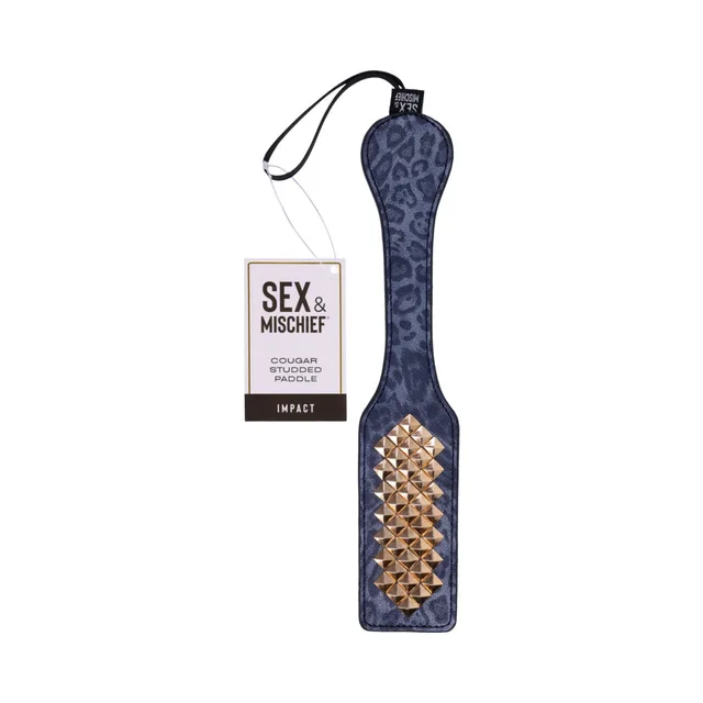 Sportsheets Cougar blue studded paddle gold pyramid panel and black wrist loop
