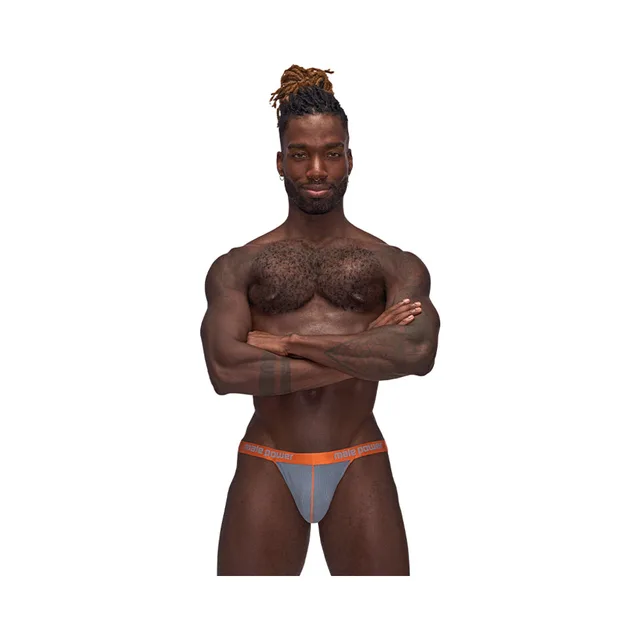 Close front view of gray and orange Male Power Casanova Uplift jock