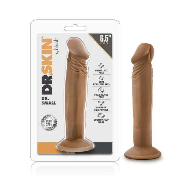 Blush Dr. Small tan dildo beside clear Dr. Skin retail package