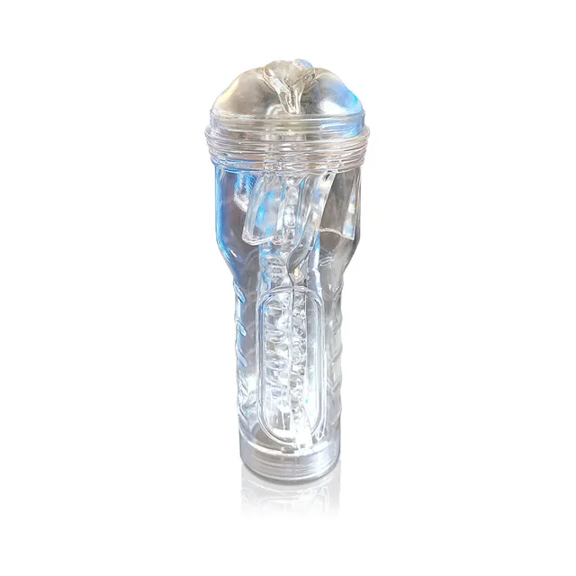 Upright transparent MSTR B8 pussy stroker with clear cap