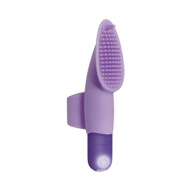 Evolved Fingerific purple finger vibrator front view showing oval textured silicone pad