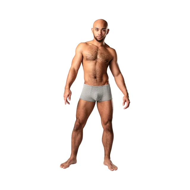 model wearing gray Male Power Labyrinth mini short with woven pattern