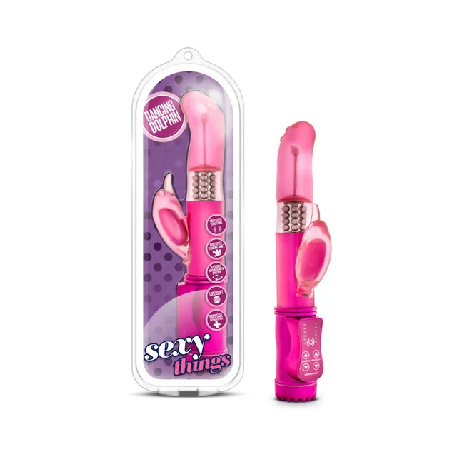 Blush Sexy Things Dancing Dolphin Fuchsia Vibrator beside clear retail package