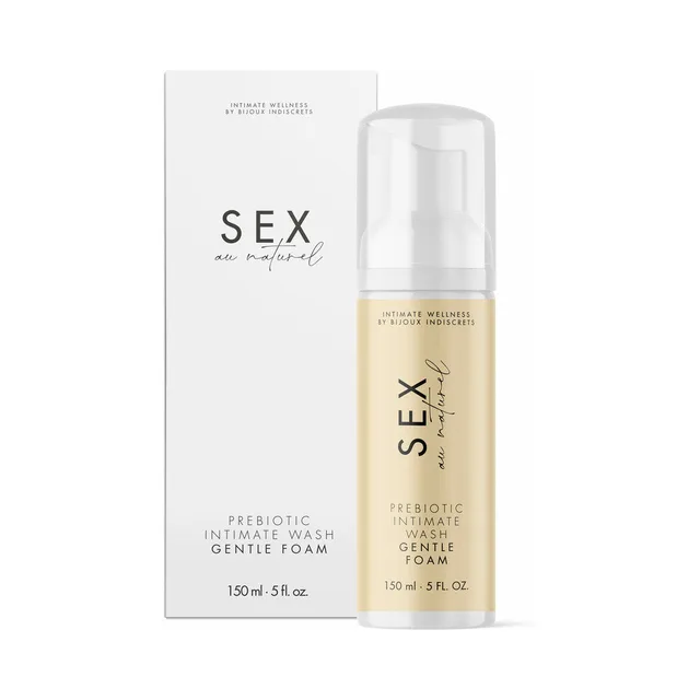 Sex Au Naturel Prebiotic Intimate Wash 5 oz foam pump bottle beside white carton
