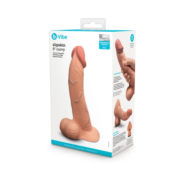 Mocha 9-inch Slipskin Curvy dildo beside retail box