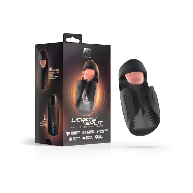 M For Men Lickety Split black masturbator ribbed sleeve beside black retail box
