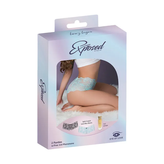 Magic Silk aqua and black split-crotch lace boy short two-pack queen size in box