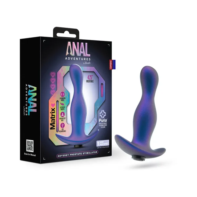 Anal Adventures Matrix Odyssey Space Age Blue plug curved blue plug beside black retail box