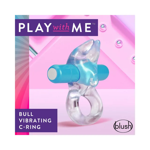 Blue Bull vibrating C-ring on pink Play with Me graphic