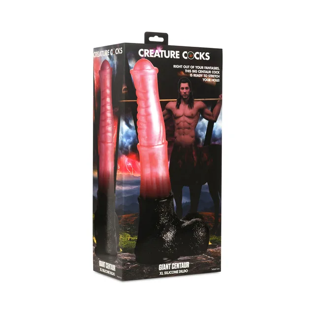 Creature Cocks Giant Centaur XL peach-and-black dildo beside black base in tall fantasy retail box