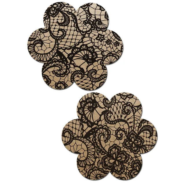 beige flower-shaped Pastease pasties covered with black lace linework