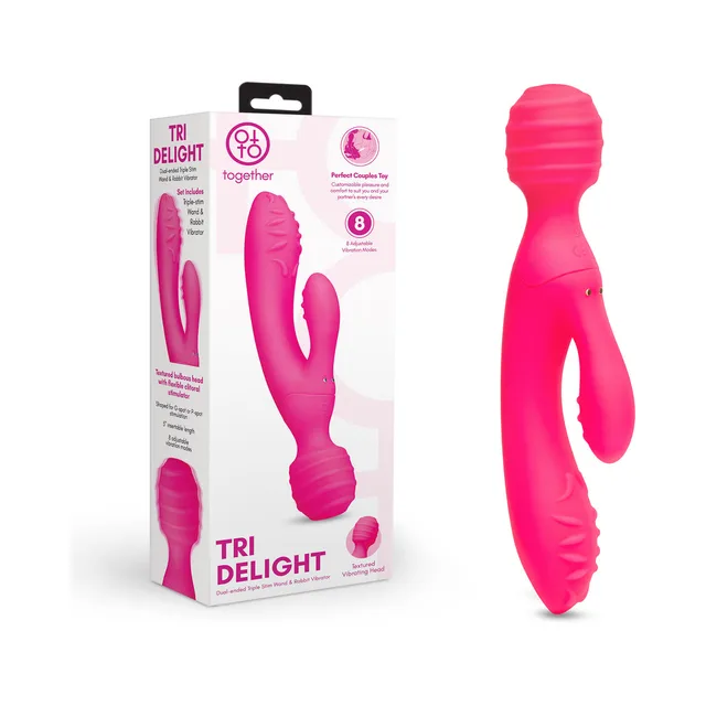 Pink Together Tri Delight textured wand and rabbit vibrator beside retail box