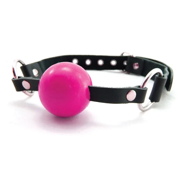 pink silicone ball gag with black leather straps adjustment holes and silver hardware