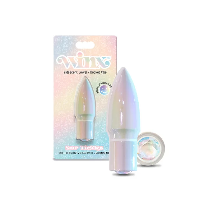 Iridescent WINX Star Tickles rocket vibrator and gemstone base beside box
