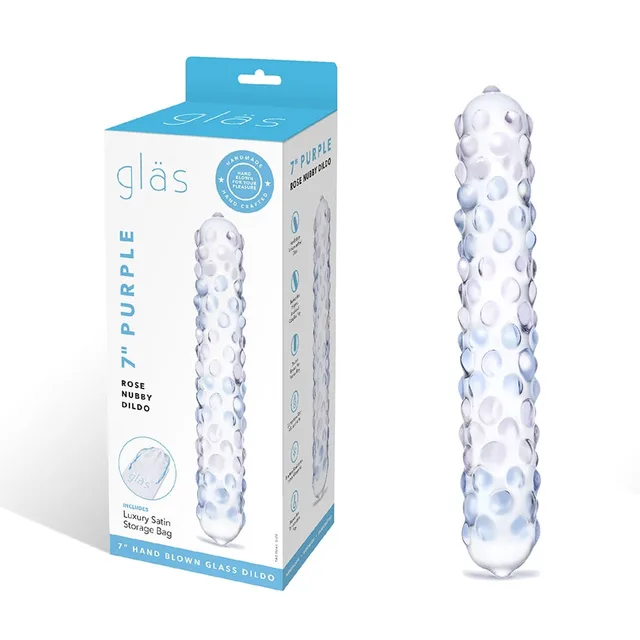 Purple Rose glass dildo standing beside its package