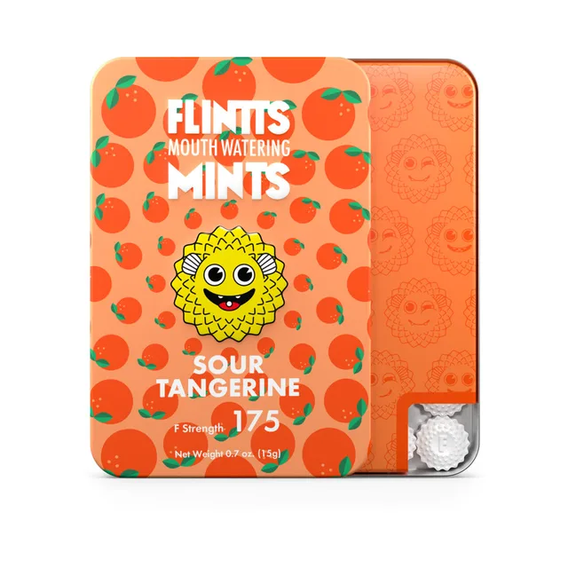 Orange Flintts Sour Tangerine Mints F-Strength 175 tin with citrus pattern