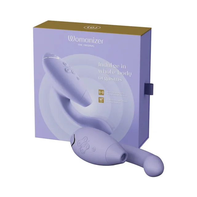 Womanizer Duo 2 lilac vibrator beside pale purple box
