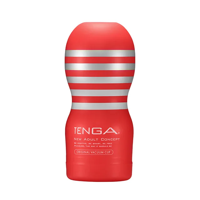 Red Tenga Original Vacuum Cup with silver horizontal stripes