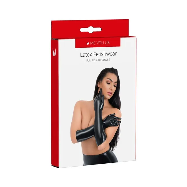 model wearing glossy black Me You Us full-length latex gloves on retail box, size Large