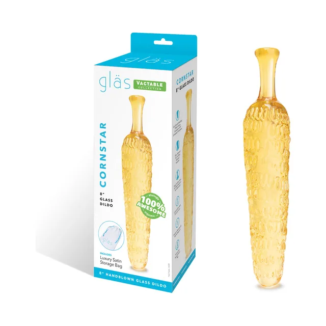 Yellow textured Glas Cornstar glass dildo beside turquoise retail box