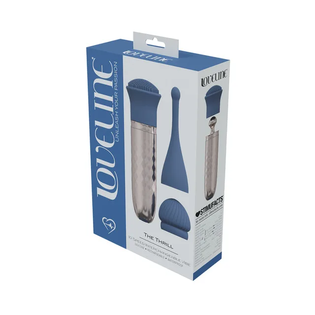blue LoveLine The Thrill wand vibrator in white box with interchangeable heads