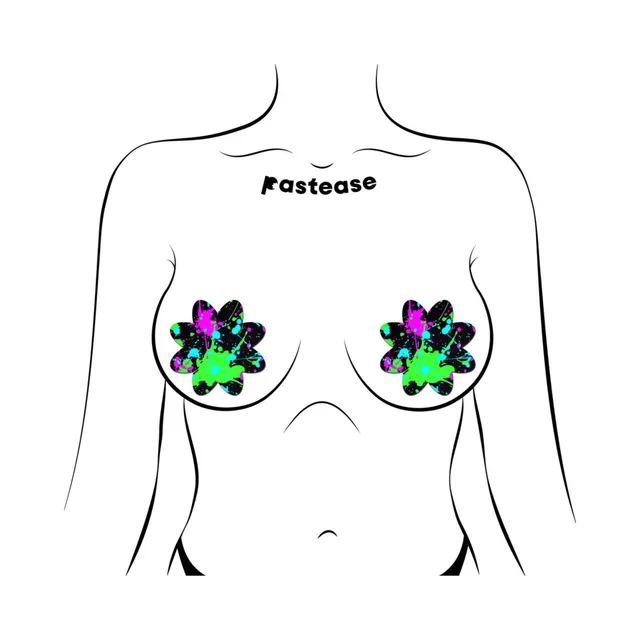Pastease vibrant neon paint splatter petal breast pasties front placement illustration on a torso outline