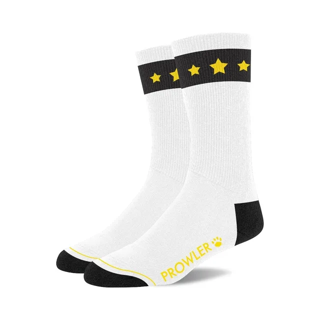 Pair of white Prowler socks with yellow stars and black trim