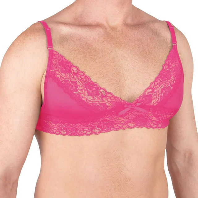 Model wearing 2XL Prowler pink floral lace wrap bra