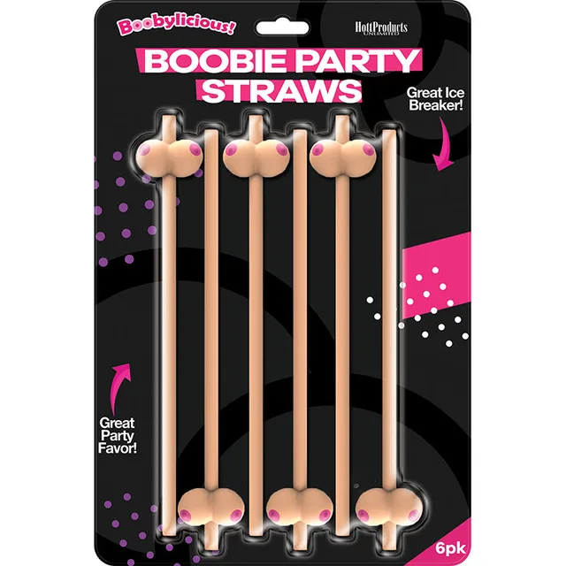 Six beige Boobie Party Straws with breast-shaped ends on black retail card