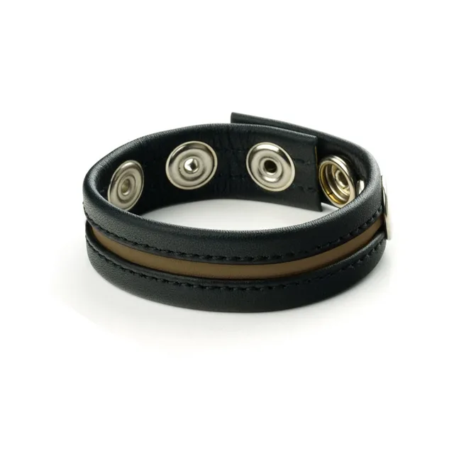 Black Prowler RED leather cock strap with green center stripe fastened round